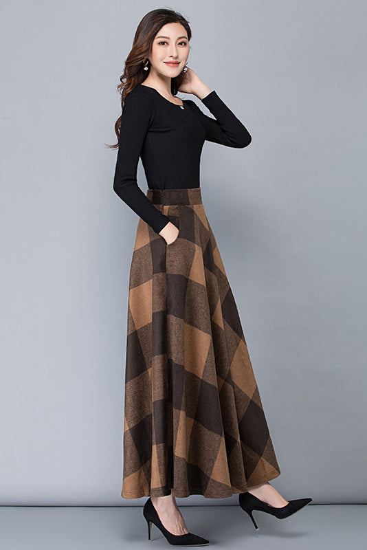 Brown Wool Maxi Skirt - Vintage Plaid Full Length 3782