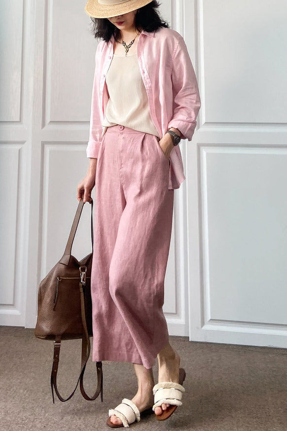 Pink Linen Wide Leg Pants - Elastic Waist, Casual Comfort 3508