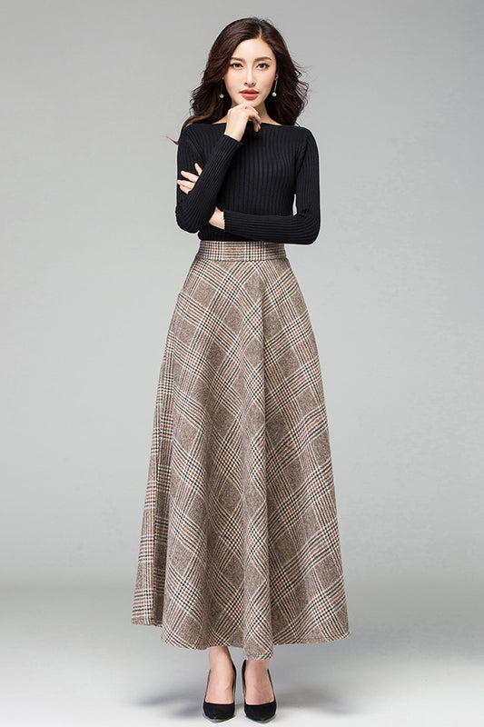Long A-Line Plaid Wool Skirt 3926