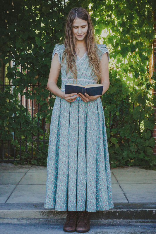 Floral Linen Maxi Dress - Empire Waist with Lace Edging 2411