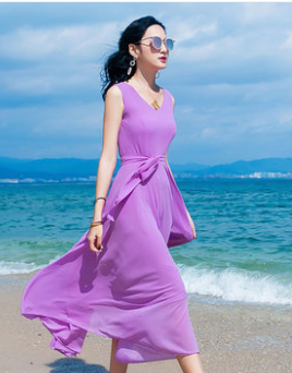 V neck retro high waist flare chiffon long dress 2632