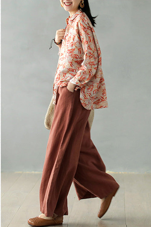 Rust Brown Linen Blend Palazzo Pants - Elastic Waist, Relaxed Fit 2867