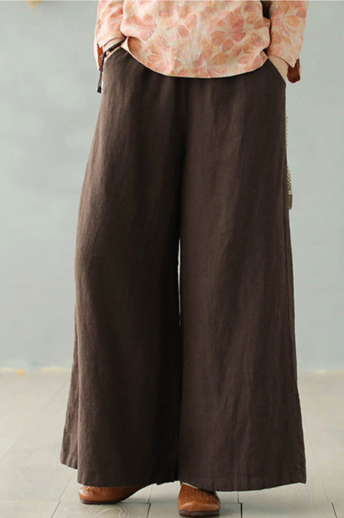 Brown Linen Blend Palazzo Pants - Elastic Waist, Wide Leg Relaxed Fit 2868