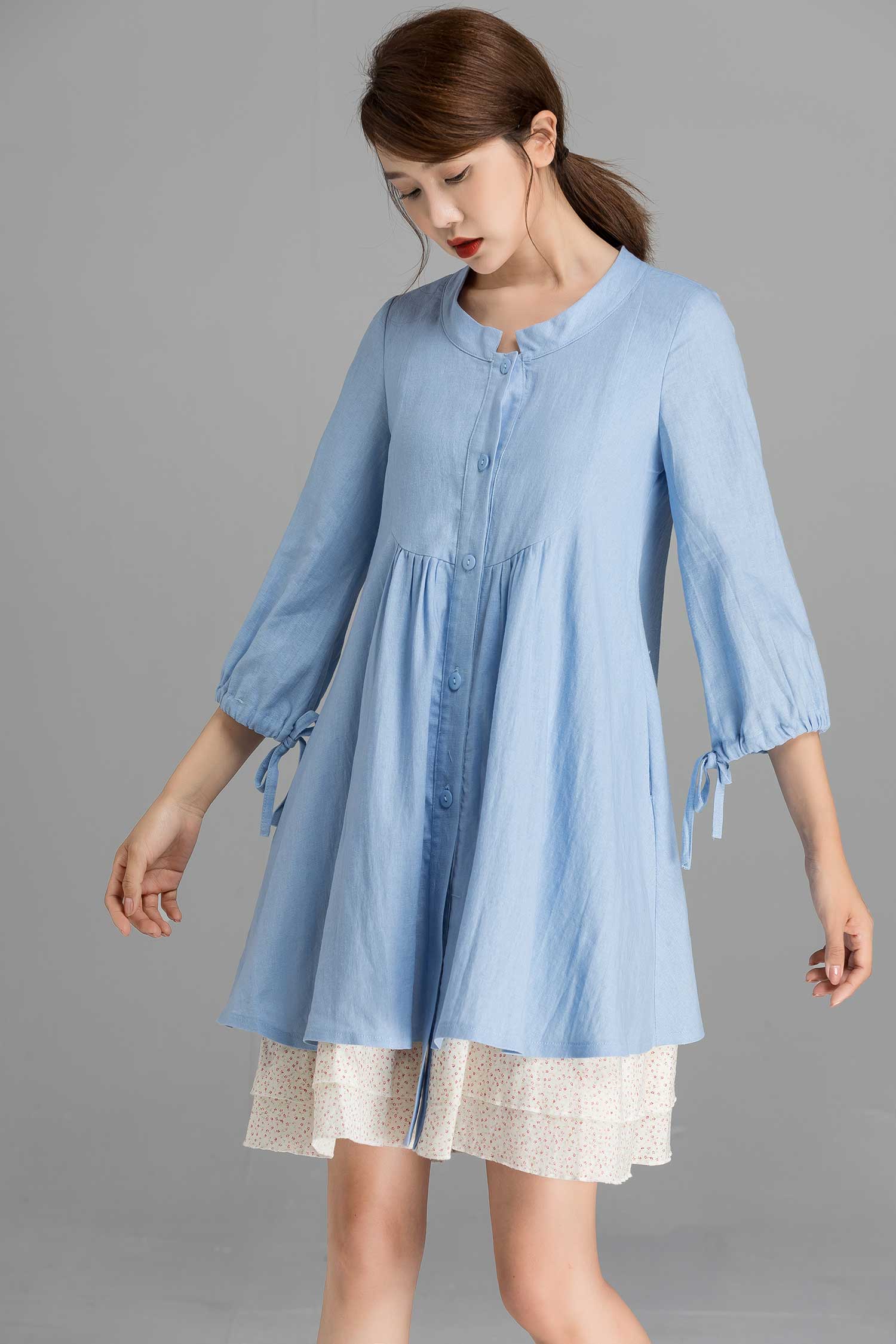 Linen shirt tunic dress in Blue 2358# Xiaolizi Linen shirt tunic dress in Blue 2358# Xiaolizi