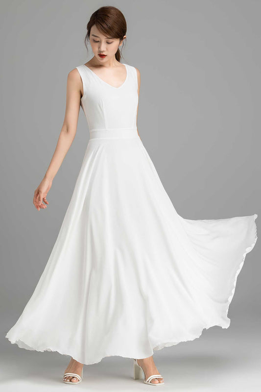 White Chiffon Dress – Handmade Sleeveless Maxi for Wedding & Summer Party | Xiaolizi 2366