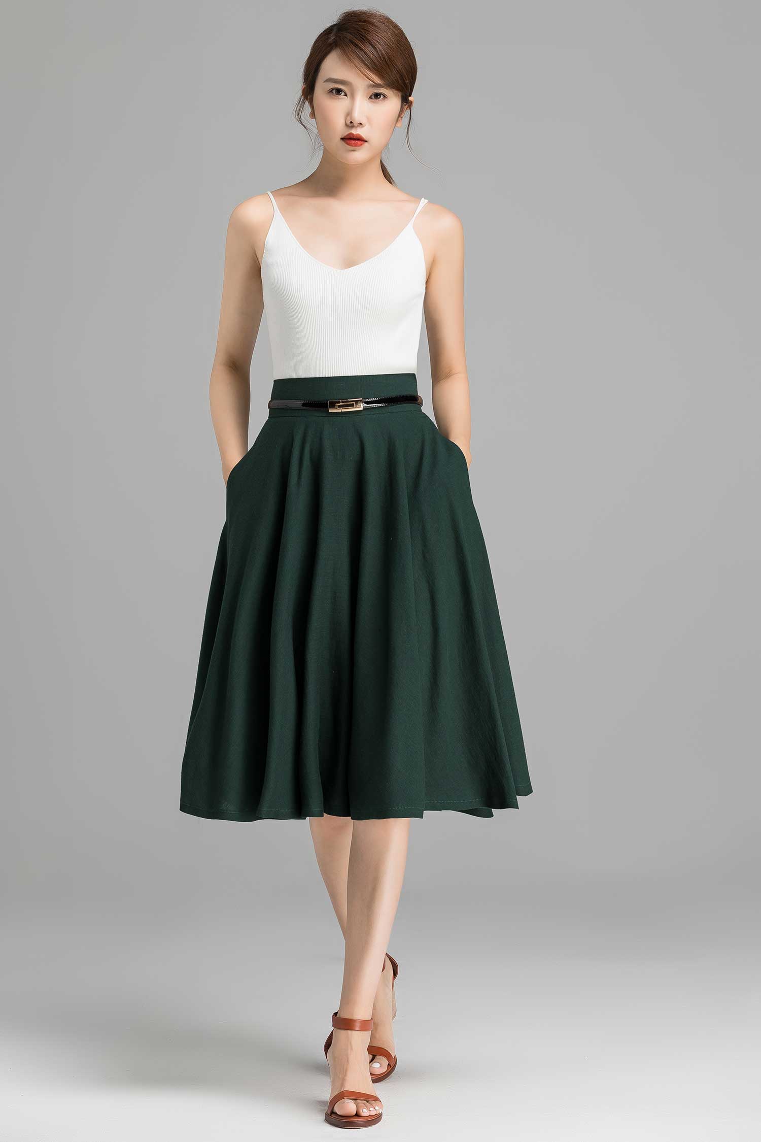 50s A-Line Skirt High Waist Linen Cotton Circle Skirt with Pockets | Xiaolizi 2369 Emerald green / Custom order 50s A-Line Skirt High Waist Linen Cotton Circle Skirt with Pockets | Xiaolizi 2369 Emerald green / Custom order
