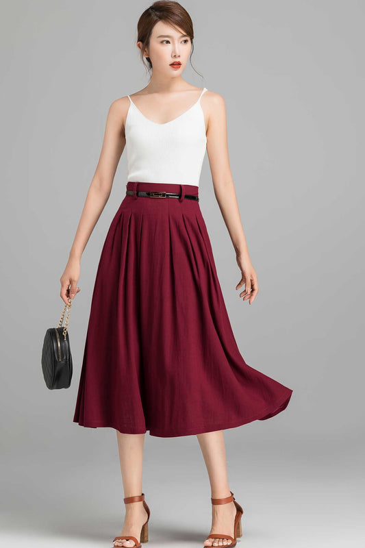 Elegant Burgundy Linen Skirt – Handmade A-Line Midi with Side Zipper | Xiaolizi 2370