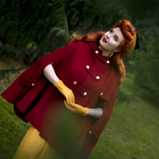 Red Wool Cape Coat – Women’s Vintage Hooded Cloak with Silver Buttons 2499