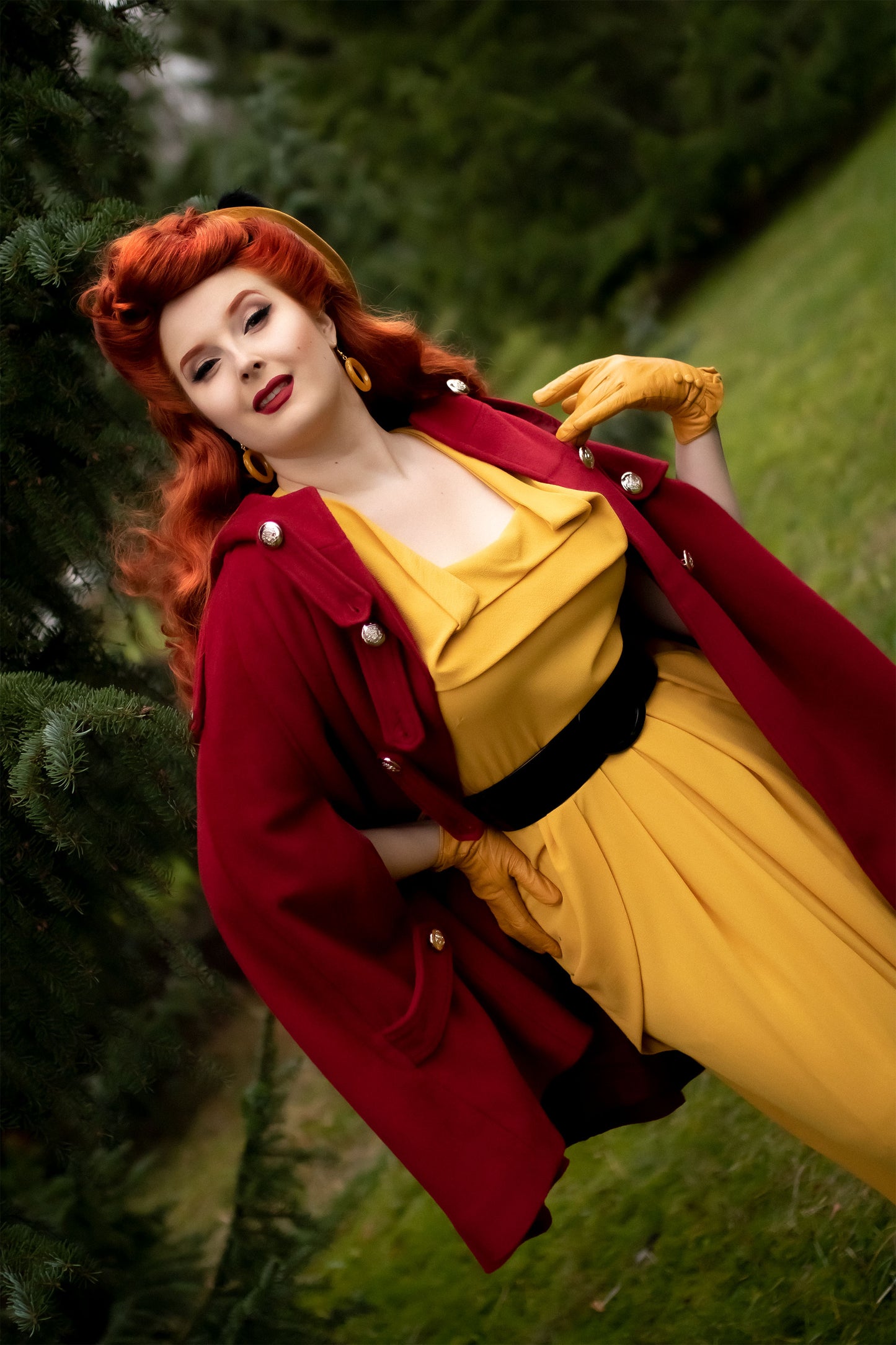 Red Wool Cape Coat – Women’s Vintage Hooded Cloak with Silver Buttons 2499