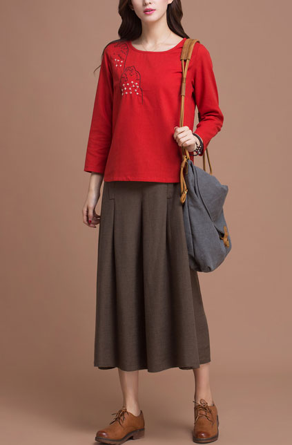 Red Linen Skirt - Vintage A-Line High Waist Pleated Detail J084-8