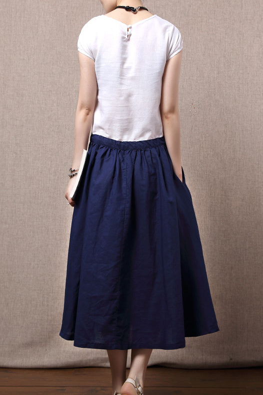 New Cotton Linen Round Neck Summer Midi Dress 3688