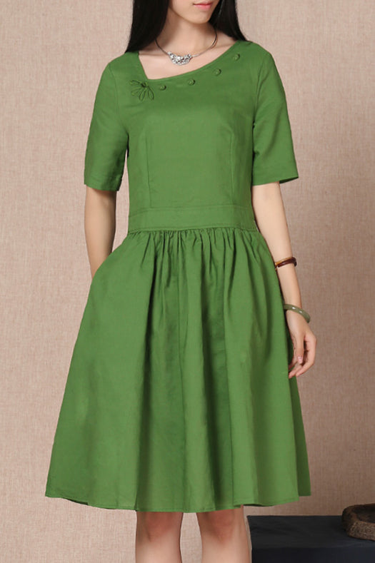Burgundy Cotton Linen Dress - Short Sleeve, Gathered Waist 3690