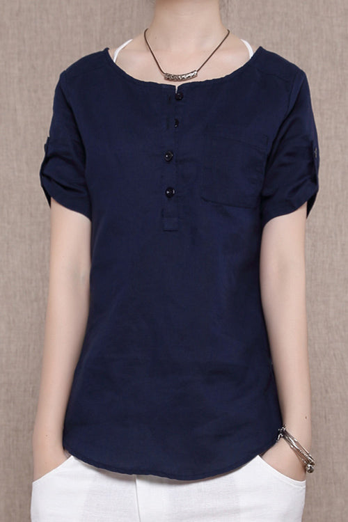 Summer Cotton Linen Shirt Women Pure Color Loose Tops 3684