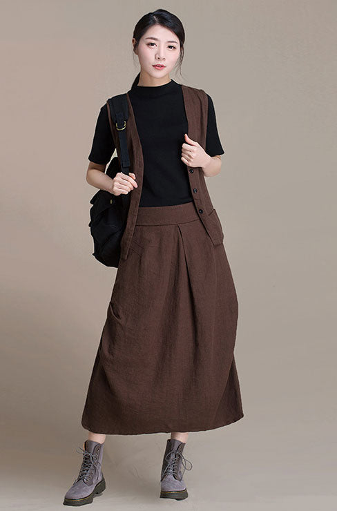 Black Linen Maxi Skirt - A-Line High Waist Autumn Layer J084-6