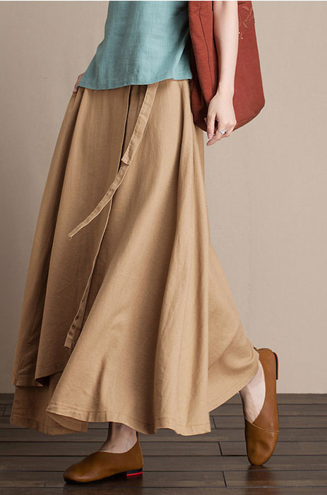 Black Cotton and Linen Midi Skirt - A-Line Silhouette with High Waist J084-5