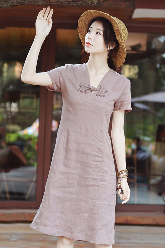 Summer Women Vintage Inspired Solid Color Linen Dress 3680