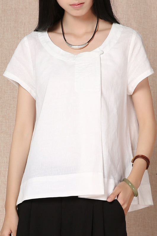 New Simple Summer Pure Color Linen Round Neck Tops 3686