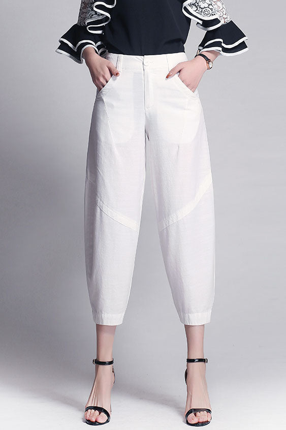 White Linen Wide Leg Pants - Casual Comfort with Front Pockets 3527