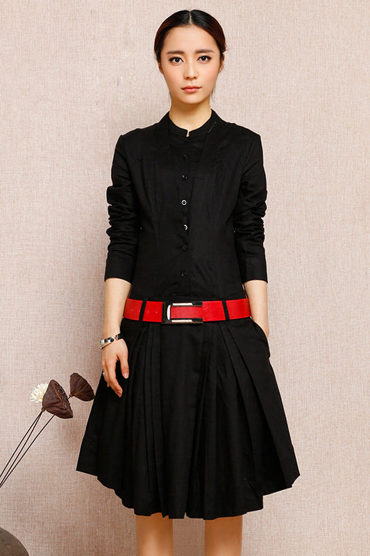 New Spring Summer Vintage Inspired Long Sleeve Linen Dress 3681