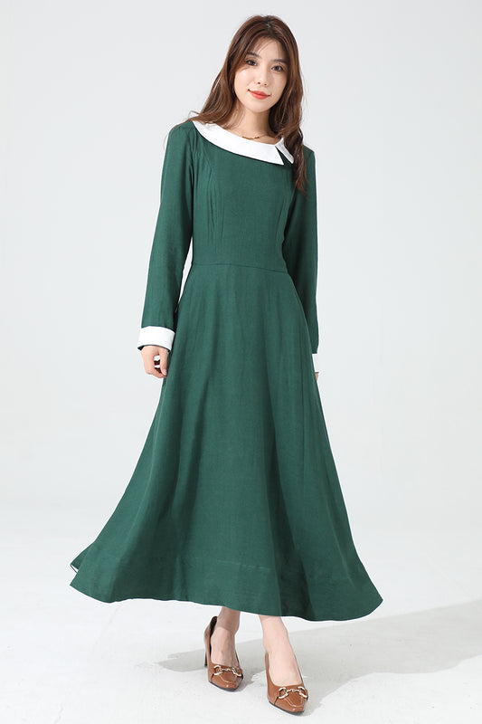 Green Linen Maxi Dress - Long Sleeve, Ankle Length 3813