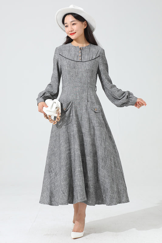 Grey Linen Maxi Dress - A-Line Silhouette with Button Detail 3814