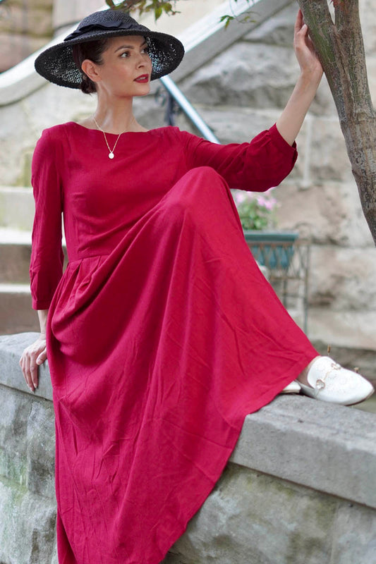 Womens A Line Red Maxi Linen Dress 3742