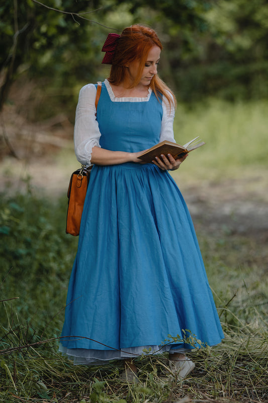 Blue Linen Cotton Dress – Vintage Cottagecore Square Neck Midi Dress 3502