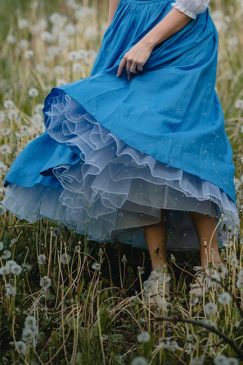 Blue Linen Cotton Dress – Vintage Cottagecore Square Neck Midi Dress 3502