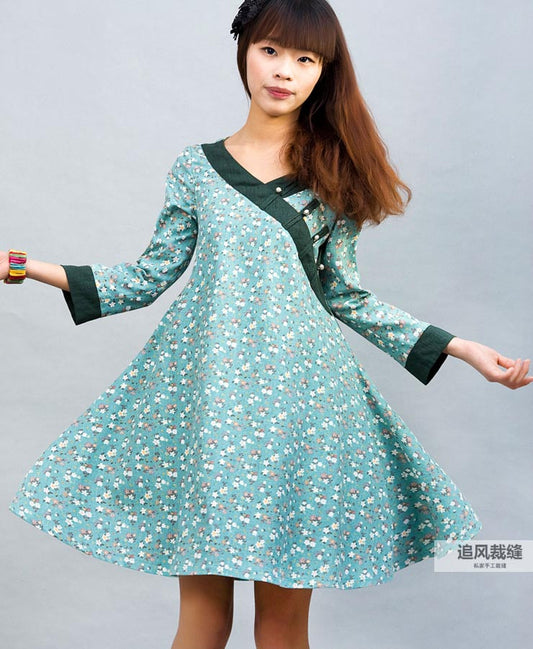 Handmade Green Floral Linen Shirt Dress – Loose Long Top with Buttons | Xiaolizi 0031