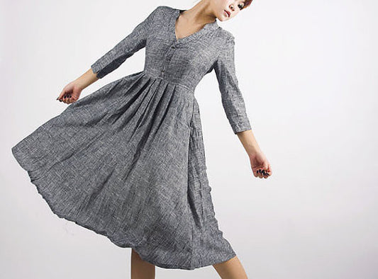 Grey Linen Dress - Fit and Flare V-Neck Shirt Dress MM50