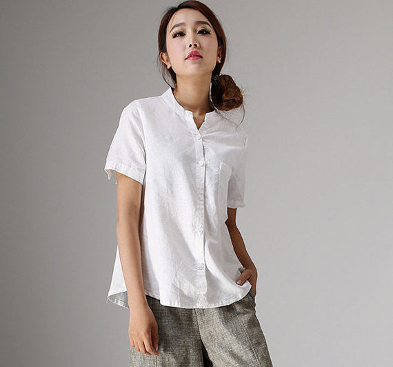 White linen blouse short sleeve tops 98611