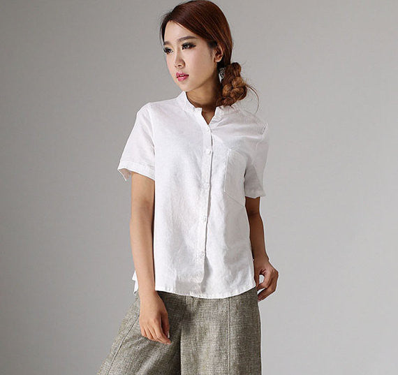 White Linen Blouse - Loose Fit Short Sleeve Shirt 98611