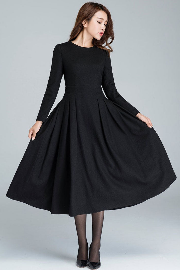 Black Wool Midi Dress Handmade Vintage Fit & Flare Pleated Long Sleeve 1614 Black / Xs Black Wool Midi Dress Handmade Vintage Fit & Flare Pleated Long Sleeve 1614 Black / Xs