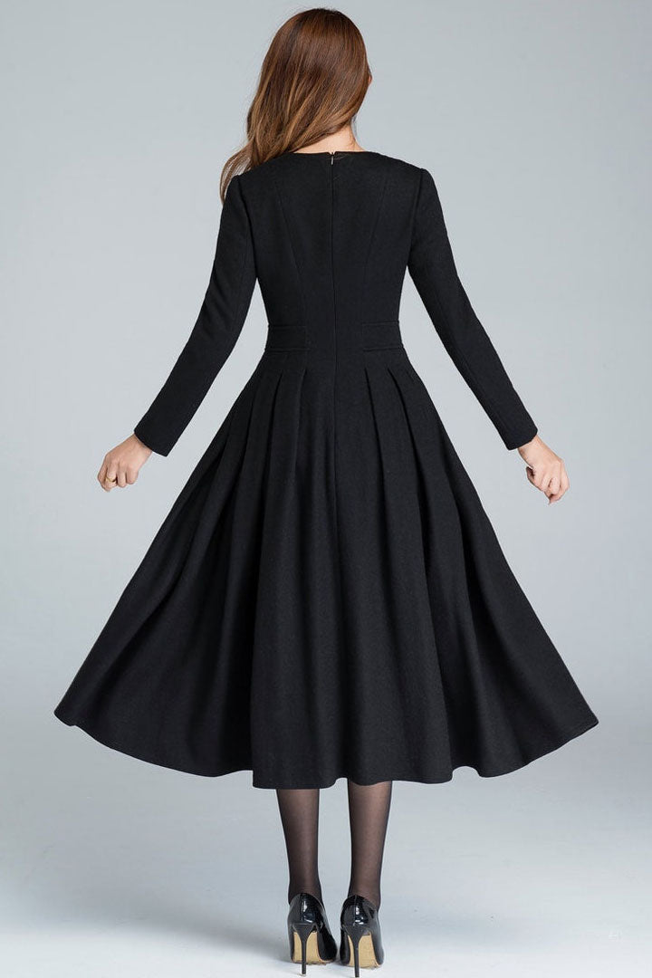 Handmade Black Wool Midi Dress – Vintage Fit & Flare Long Sleeve with Pleated Skirt 1614