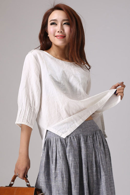 White Linen Cotton Blouse – Handmade Oversized 3/4 Sleeve Top 77711