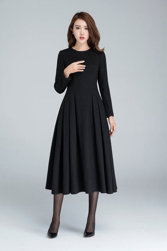 Handmade Black Wool Midi Dress – Vintage Fit & Flare Long Sleeve with Pleated Skirt 1614