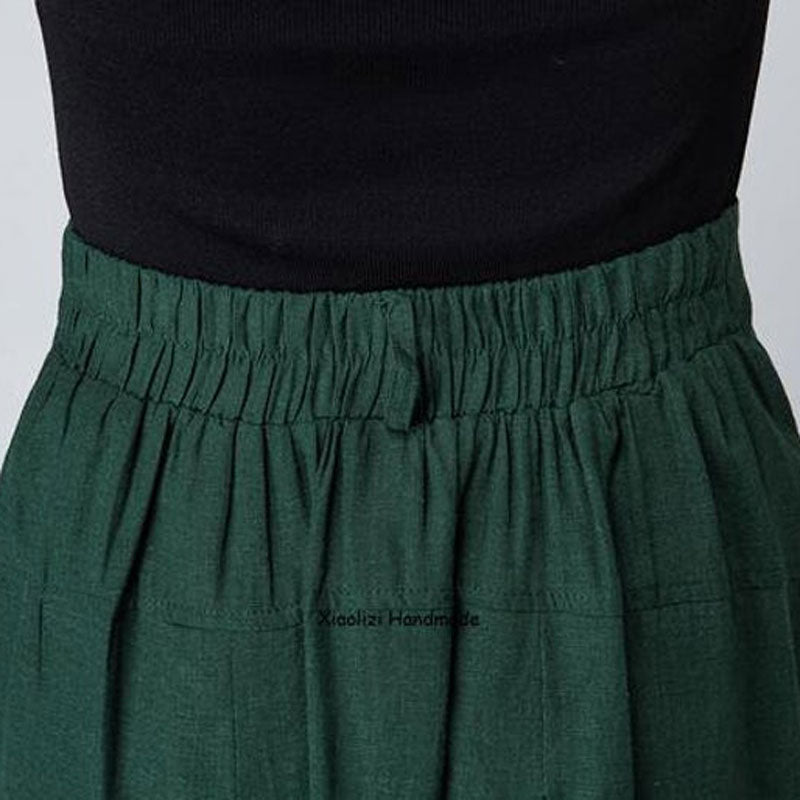 1950s High waist Midi Linen Skirt in green 215501#