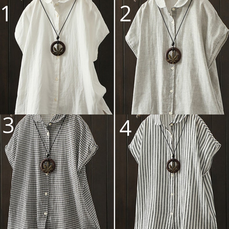 Handmade plaid Linen Blouse with Cap Sleeves 2891