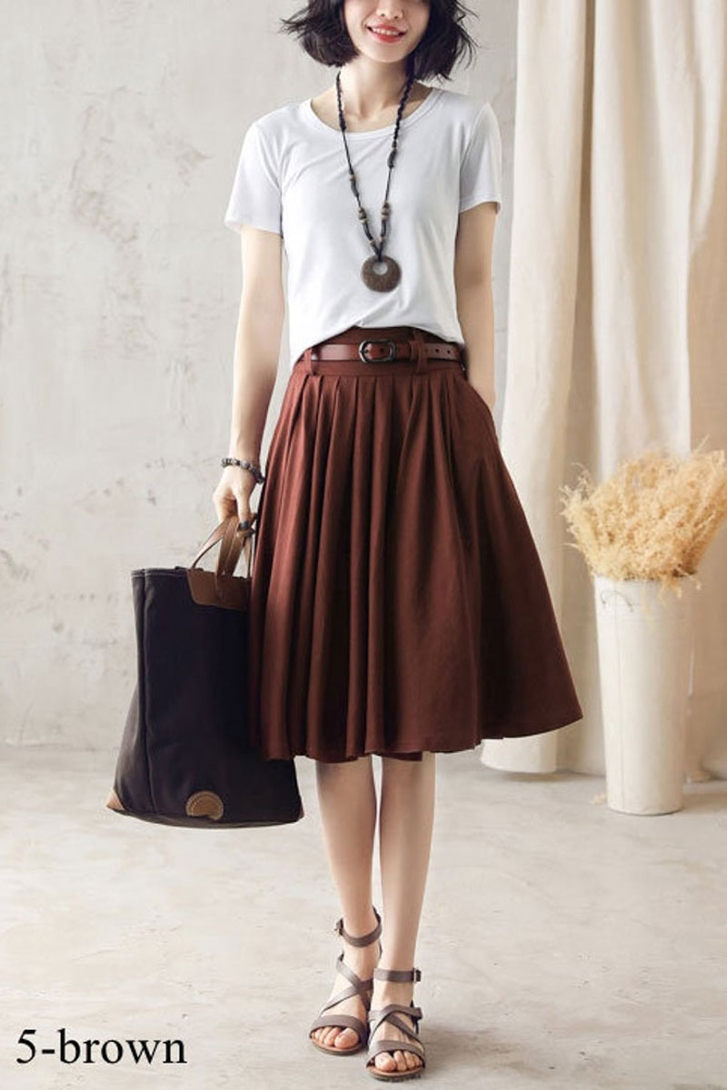 Retro Women Pleated Full Circle Linen Skirt with Pockets 281711