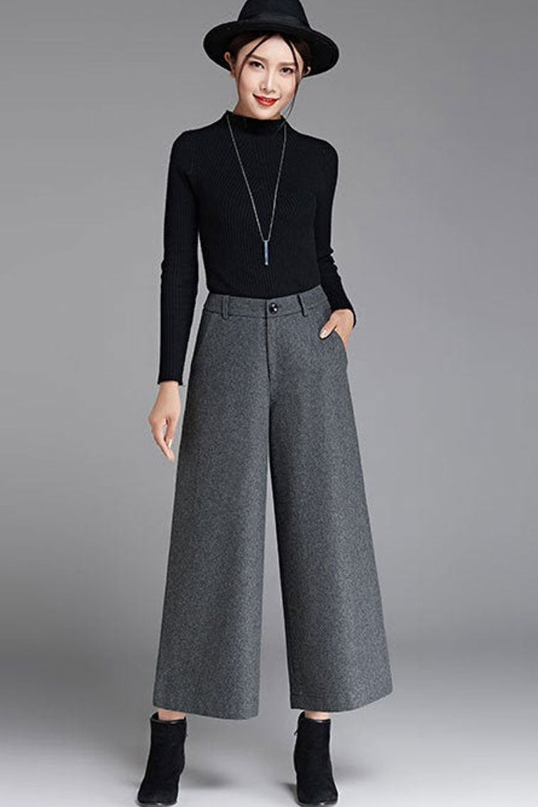 Black Wool Blend Wide Leg Pants - Flowy Silhouette for Autumn 3050