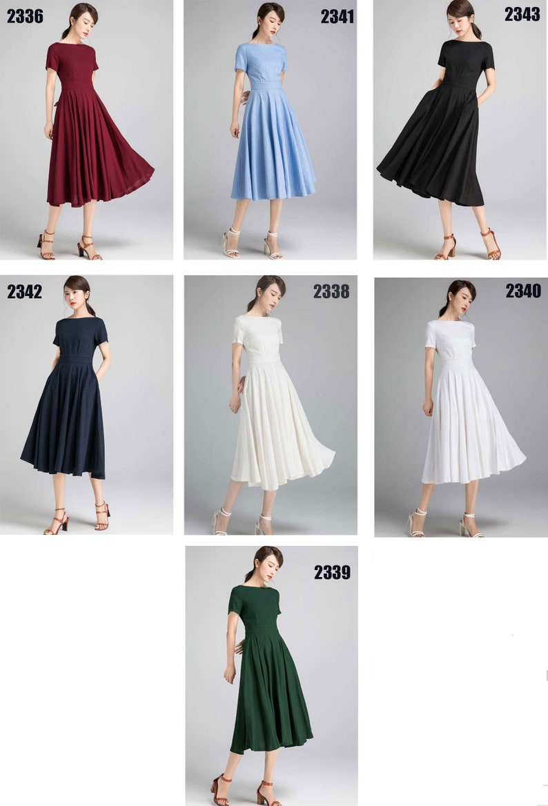 Elegant Linen Blend Midi Dress – Vintage Fit and Flare Boat Neck Dress 0971