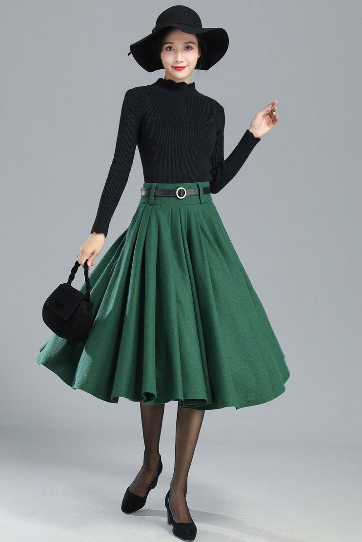 Burgundy Wool Midi Skirt – Vintage High Waist Pleated Circle Skirt 3110