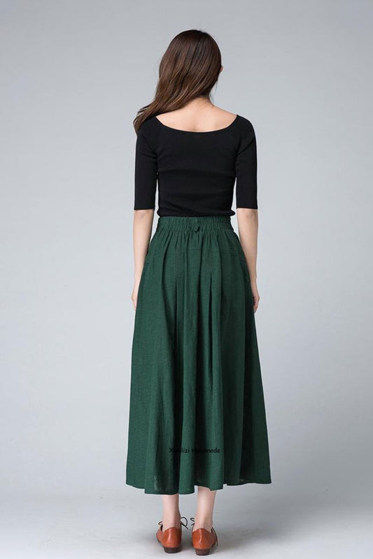 1950s High waist Midi Linen Skirt in green 215501#