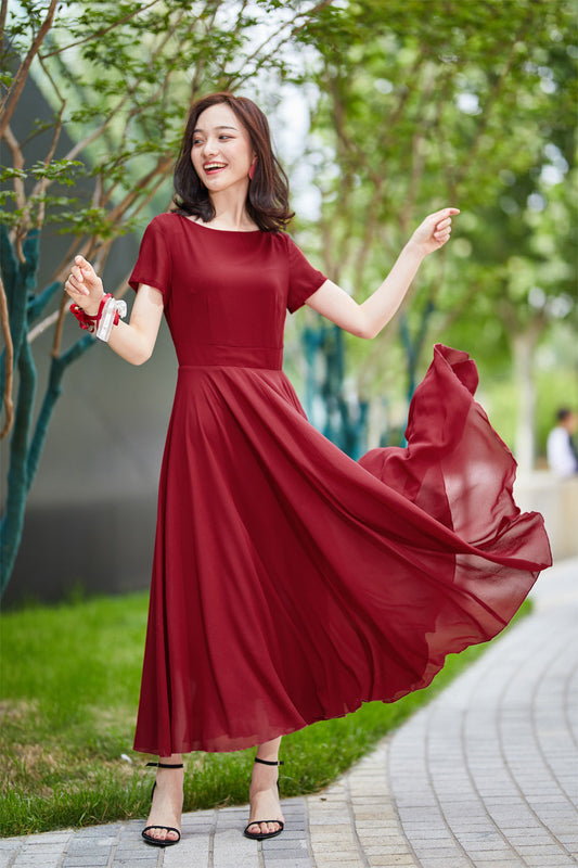 Burgundy bridesmaid dress long, formal gown with sleeves, bridesmaid dress, maxi chiffon dress, Modest evening dress, summer dress 2182