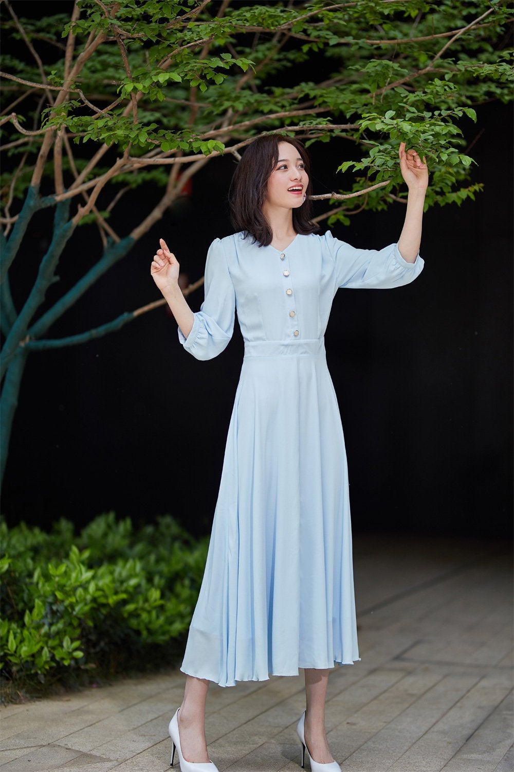 summer chiffon dress, blue dress, fitted dress, party dress, midi dres summer chiffon dress, blue dress, fitted dress, party dress, midi dres