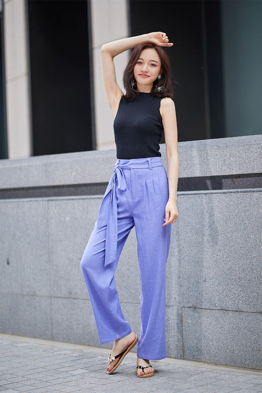 Purple Cotton Linen Palazzo Pants - Fitted Waist with Tie Belt 2189