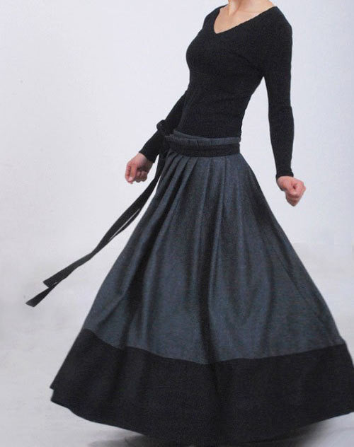 Handmade Wool Wrap Skirt – Long Flared Maxi in Gray & Black for Winter MM68