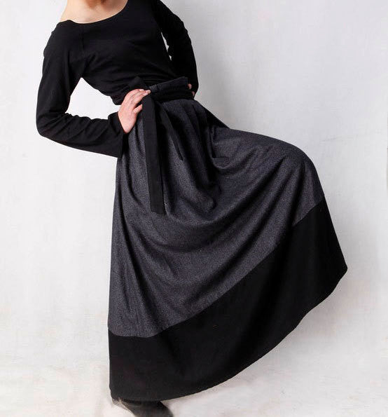Handmade Wool Wrap Skirt – Long Flared Maxi in Gray & Black for Winter MM68