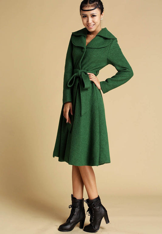 Wool Coat Dress – Vintage Fit and Flare Winter Overcoat with Belt 0336