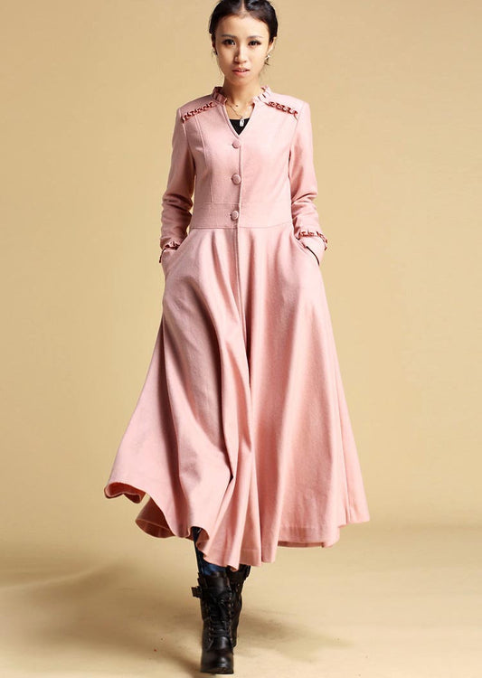 Pink Wool Maxi Coat – Vintage Fit and Flare Winter Overcoat for Weddings & Parties 0329